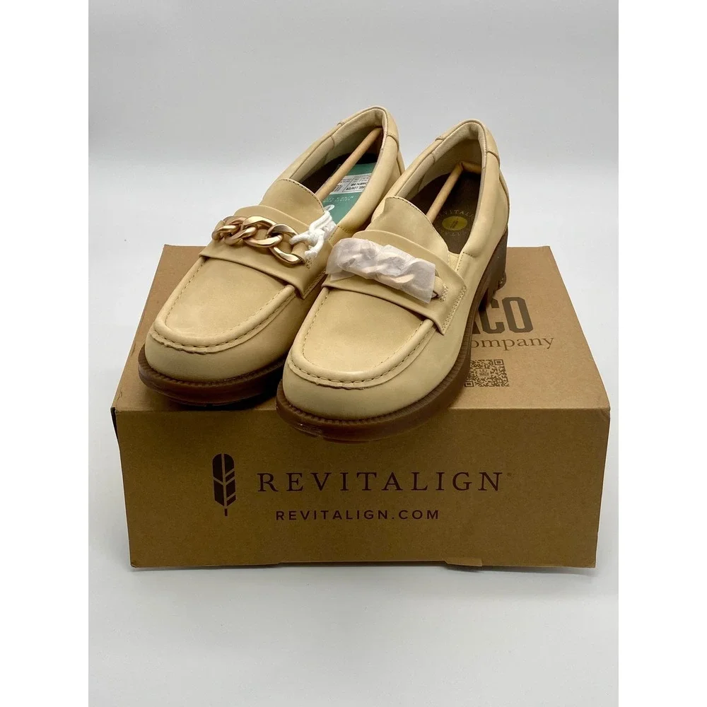 Revitalign Womens Laurel Loafer Almond Leather Gold Chain Lug Sole RV1110 9B